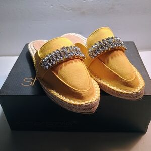 Shoe Dazzle Yellow Rhinestone Espadrille Mules